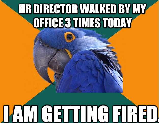 hr director walked by my office 3 times today i am getting f - Paranoid Parrot