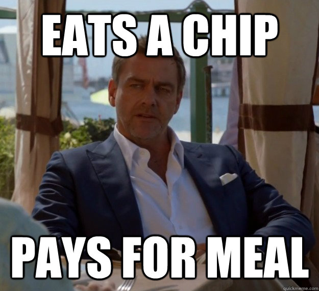 eats a chip pays for meal -