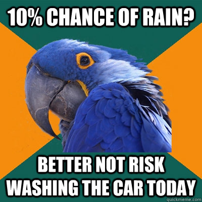 10 chance of rain better not risk washing the car today - Paranoid Parrot