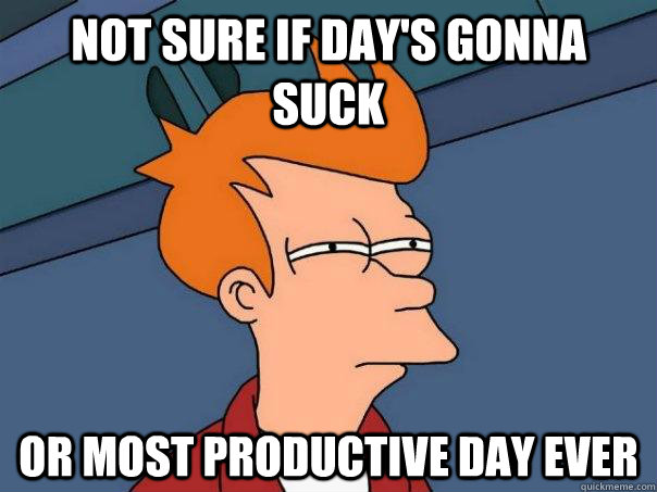 not sure if days gonna suck or most productive day ever - Futurama Fry