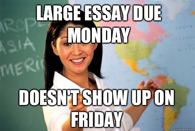 Large Essay due Monday Doesnt show up on friday - Unhelpful High School Teacher