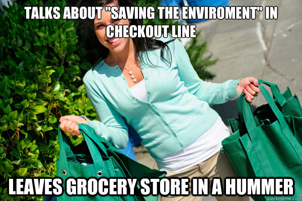 talks about saving the enviroment in checkout line leaves -