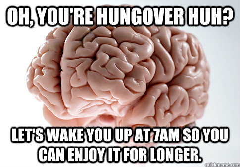 oh youre hungover huh lets wake you up at 7am so you can - Scumbag Brain