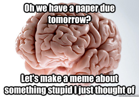 oh we have a paper due tomorrow lets make a meme about som - Scumbag Brain