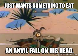 just wants something to eat an anvil fall on his head - Bad luck wile e coyote