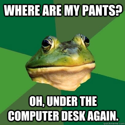 where are my pants oh under the computer desk again - Foul Bachelor Frog