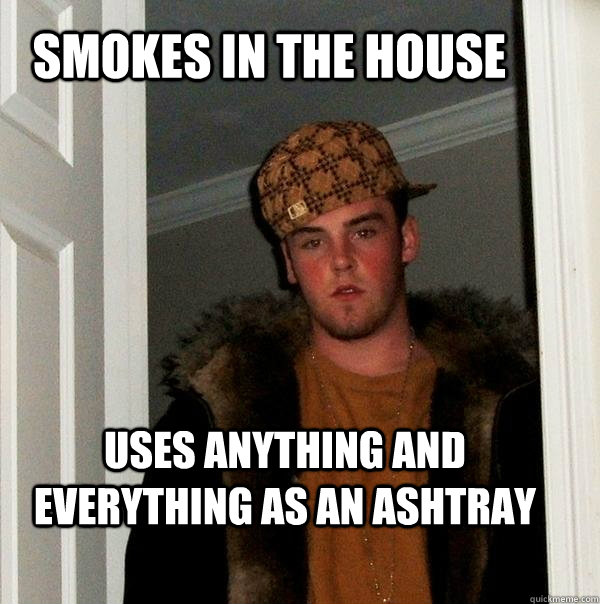 smokes in the house uses anything and everything as an ashtr - Scumbag Steve
