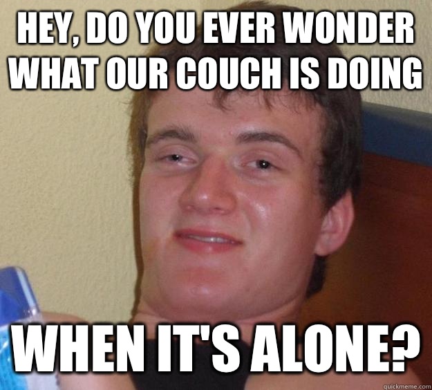 Hey do you ever wonder what our couch is doing When its alon - 10 Guy