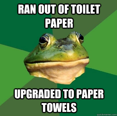 ran out of toilet paper upgraded to paper towels - Foul Bachelor Frog