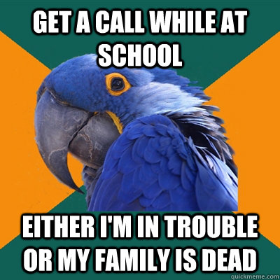 get a call while at school either im in trouble or my famil - Paranoid Parrot