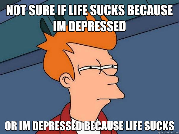 not sure if life sucks because im depressed or im depressed - Futurama Fry