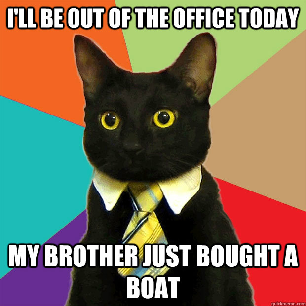 ill be out of the office today my brother just bought a bo - Business Cat