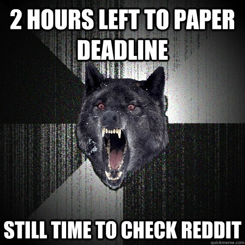 2 hours left to paper deadline still time to check reddit - Insanity Wolf