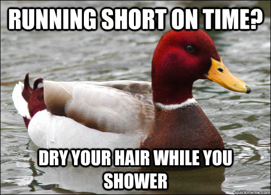 running short on time dry your hair while you shower - Malicious Advice Mallard