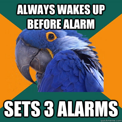 always wakes up before alarm sets 3 alarms - Paranoid Parrot