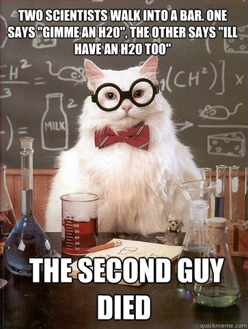 two scientists walk into a bar one says gimme an h20 the - Chemist cat