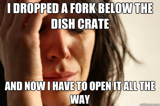 i dropped a fork below the dish crate and now i have to open - First World Problems