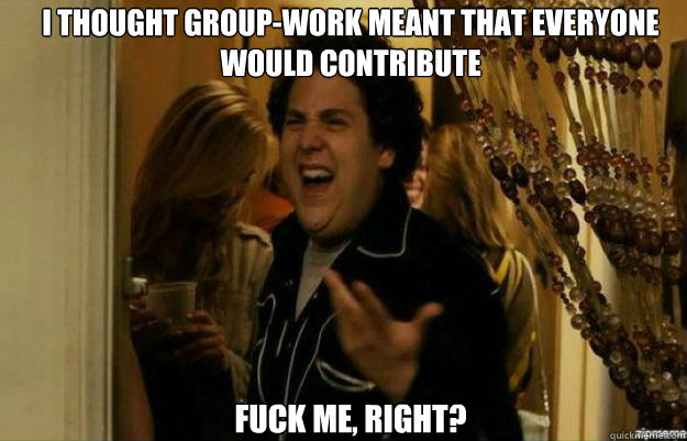 i thought groupwork meant that everyone would contribute fu - fuck me right