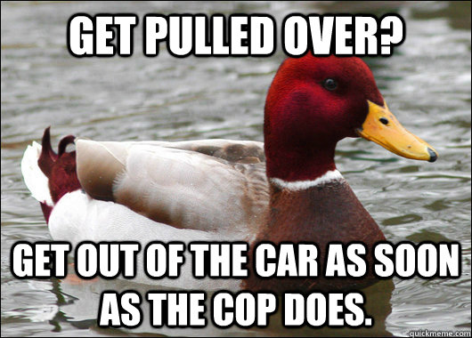 get pulled over get out of the car as soon as the cop does - Malicious Advice Mallard
