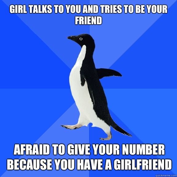 Girl talks to you and tries to be your friend Afraid to give - Socially Awkward Penguin