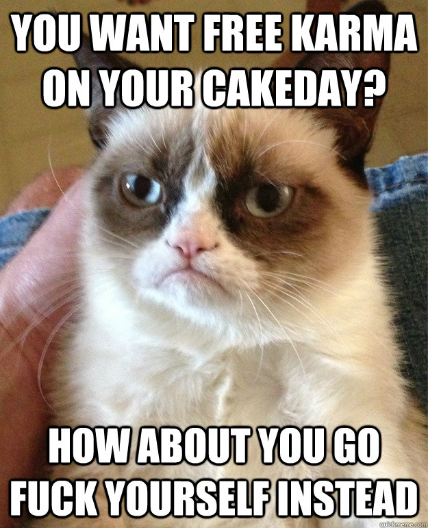 you want free karma on your cakeday how about you go fuck y - Grumpy Cat