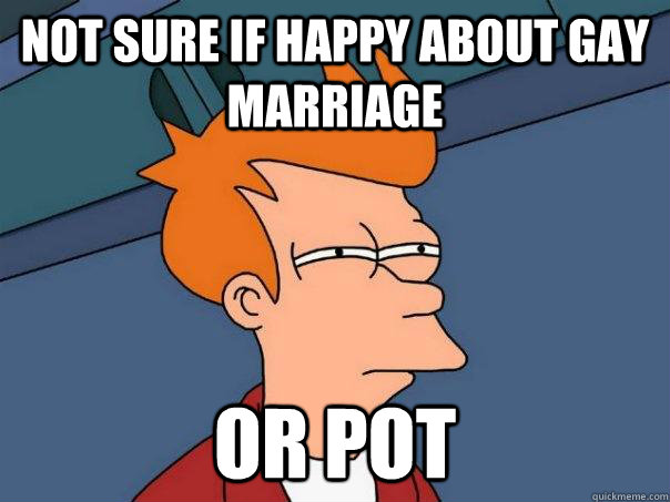 not sure if happy about gay marriage or pot - Futurama Fry
