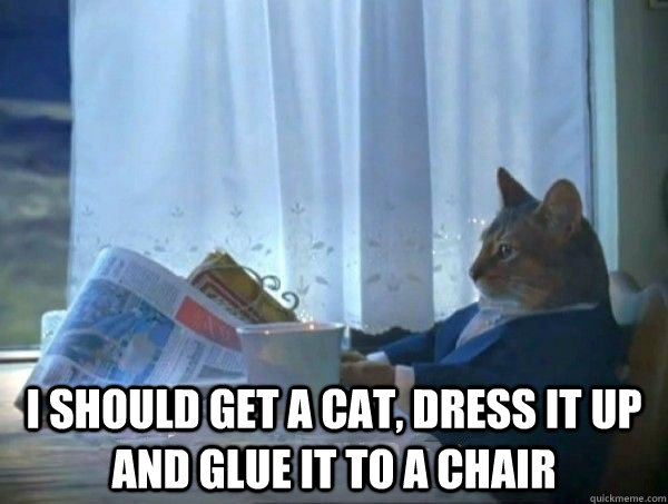i should get a cat dress it up and glue it to a chair -