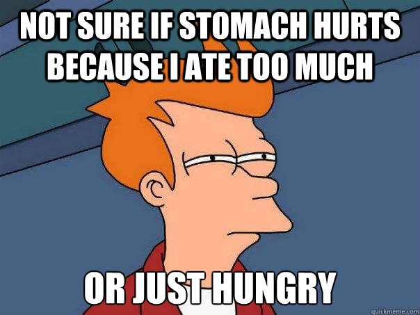not sure if stomach hurts because i ate too much or just hun - Futurama Fry