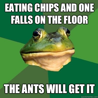 Eating chips and one falls on the floor The ants will get it - Foul Bachelor Frog