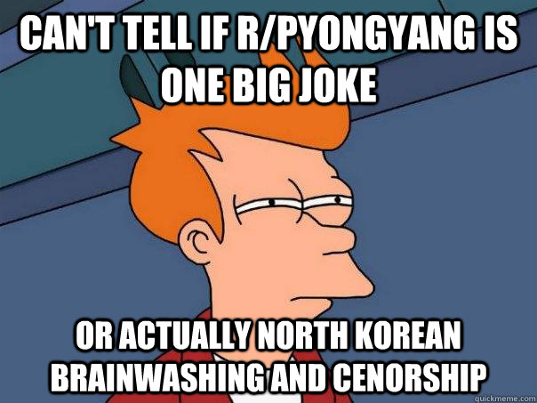 cant tell if rpyongyang is one big joke or actually north - Futurama Fry