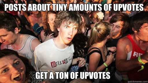 posts about tiny amounts of upvotes get a ton of upvotes - Sudden Clarity Clarence