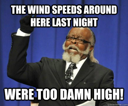 the wind speeds around here last night were too damn high - Too Damn High
