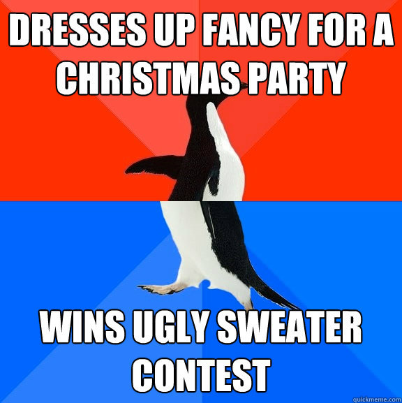 dresses up fancy for a christmas party wins ugly sweater con - Socially Awesome Awkward Penguin