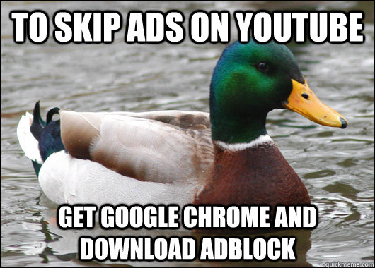 to skip ads on youtube get google chrome and download adbloc - Actual Advice Mallard