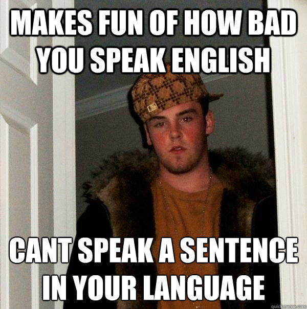 makes fun of how bad you speak english cant speak a sentenc - Scumbag Steve