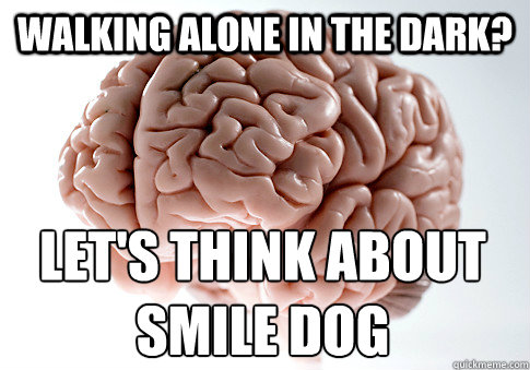 walking alone in the dark lets think about smile dog - Scumbag Brain