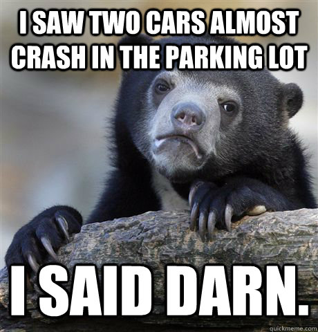 i saw two cars almost crash in the parking lot i said darn - Confession Bear