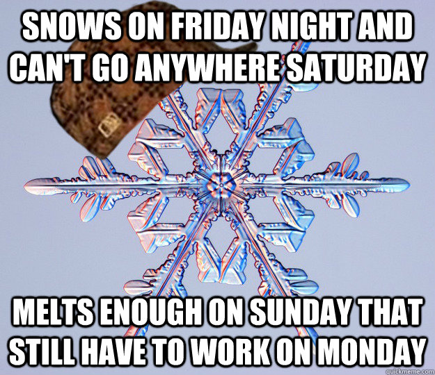 snows on friday night and cant go anywhere saturday melts e - scumbag snow