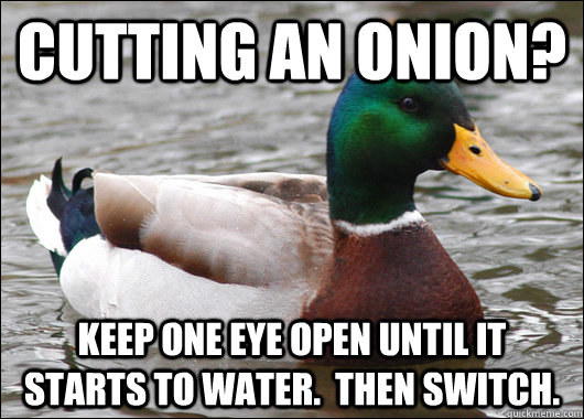 cutting an onion keep one eye open until it starts to wate - Actual Advice Mallard