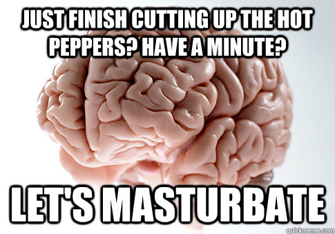 just finish cutting up the hot peppers have a minute lets - Scumbag Brain