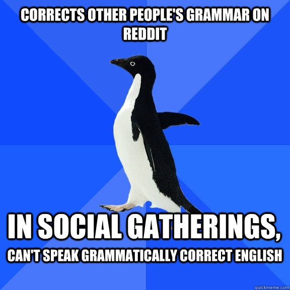 corrects other peoples grammar on reddit in social gatherin - Socially Awkward Penguin
