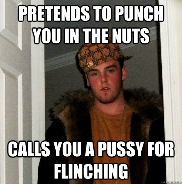 pretends to punch you in the nuts calls you a pussy for flin - Scumbag Steve