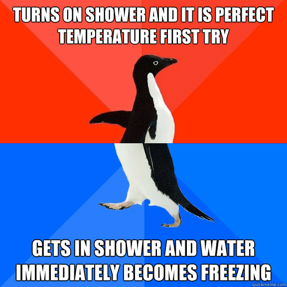 turns on shower and it is perfect temperature first try gets - Socially Awesome Awkward Penguin