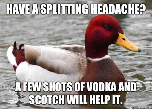 Have a splitting headache A few shots of vodka and scotch wi - Malicious Advice Mallard