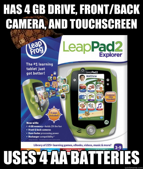 has 4 gb drive frontback camera and touchscreen uses 4 aa - Scumbag LeapPad