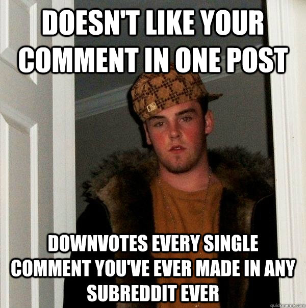doesnt like your comment in one post downvotes every single - Scumbag Steve