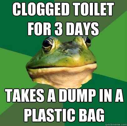 clogged toilet for 3 days takes a dump in a plastic bag - Foul Bachelor Frog