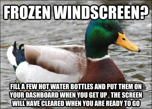 frozen windscreen fill a few hot water bottles and put them - Actual Advice Mallard