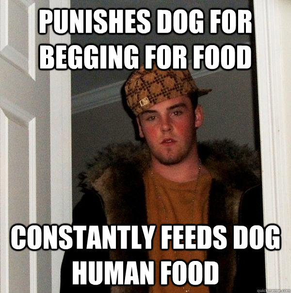 punishes dog for begging for food constantly feeds dog human - Scumbag Steve