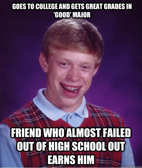 goes to college and gets great grades in good major friend - Bad Luck Brian